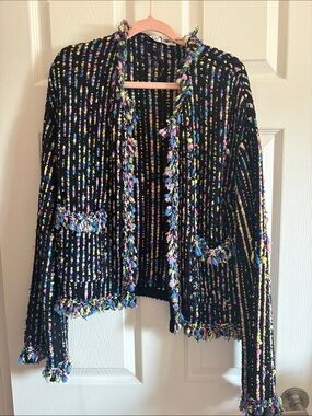 Zara Black Bouclé Jacket with Multicolor Speckled Trim